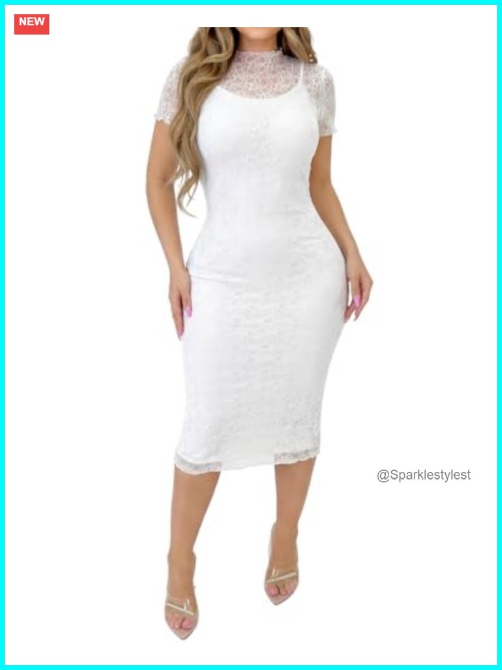 Women 2 Piece Lace Mesh Midi Dress Set Short Sleeve Bodycon Club Outfit